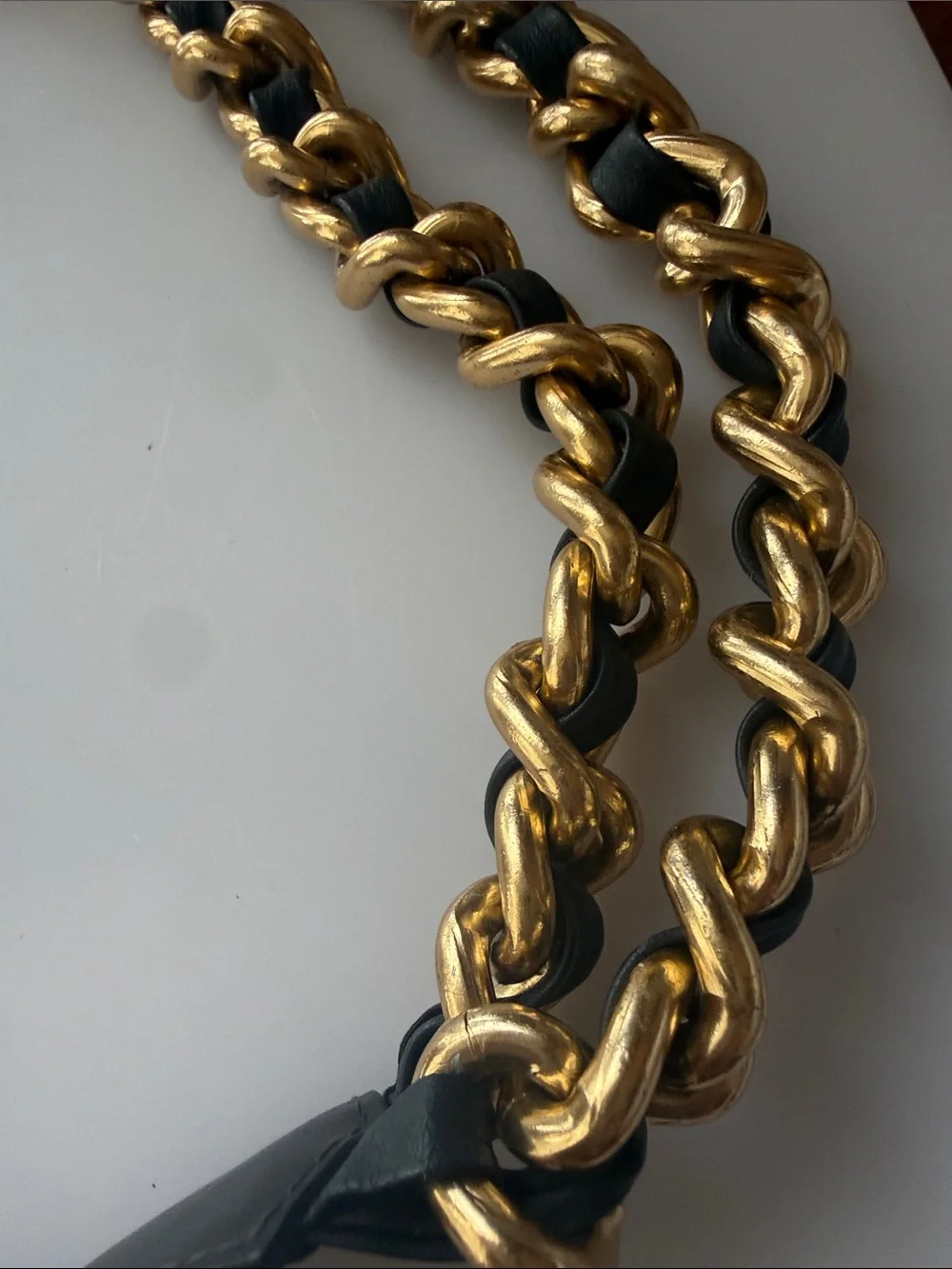 Made in Italy Neiman Marcus Gold-Tone Chain with Black Leather Weave Strap Belt